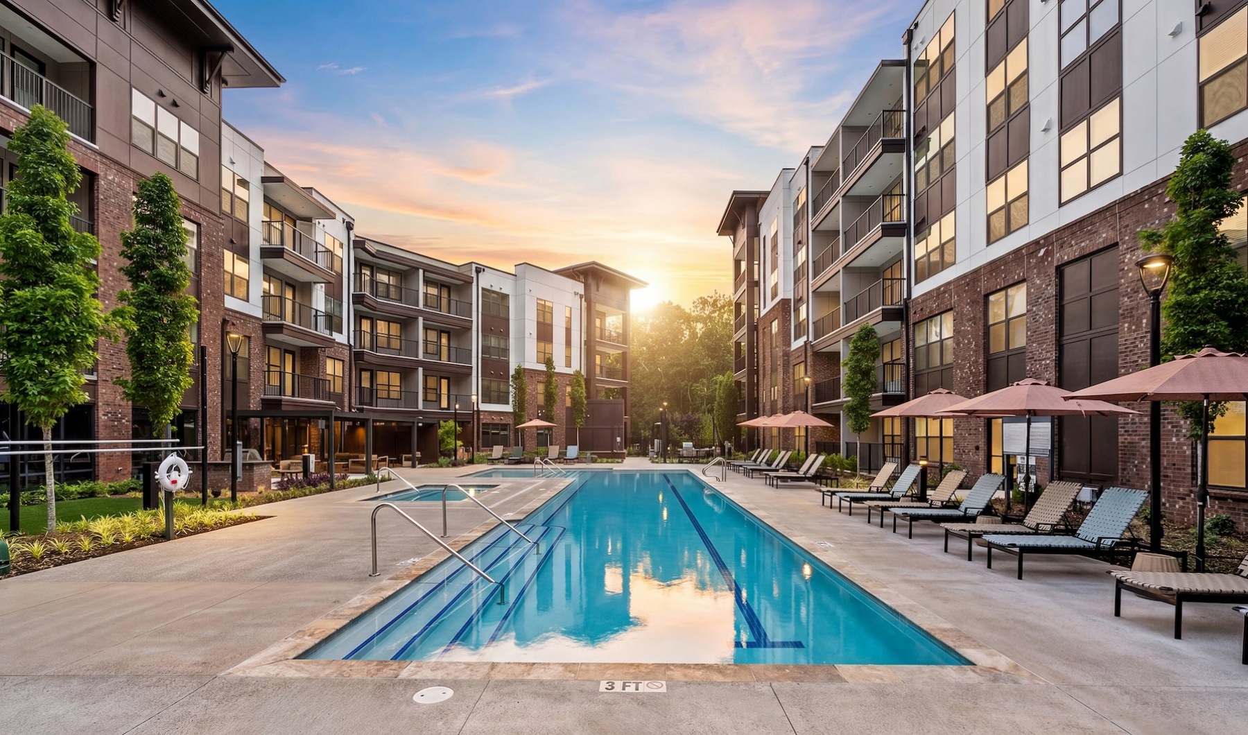 a courtyard with a pool, chairs and umbrellas
