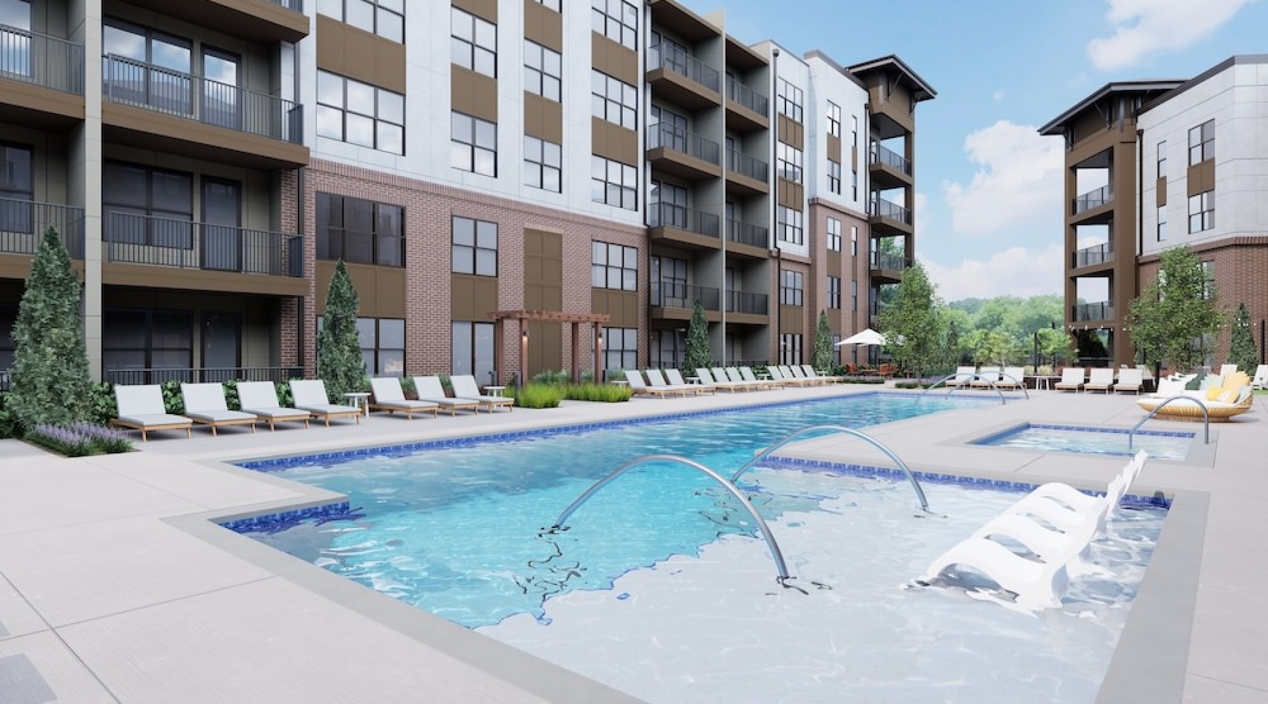 The pool area at Weller at the Preserve senior apartments in Asheville, NC, featuring lounge chairs and umbrellas.