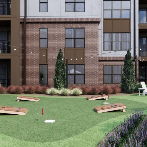 The essence of exceptional living The outdoor lounge at Weller at the Preserve senior apartments in Asheville, NC, featuring a view of the apartment exteriors.