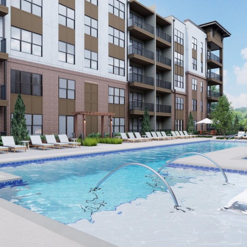 Find your perfect fit at Weller at the Preserve The pool area at Weller at the Preserve senior apartments in Asheville, NC, featuring lounge chairs and umbrellas.